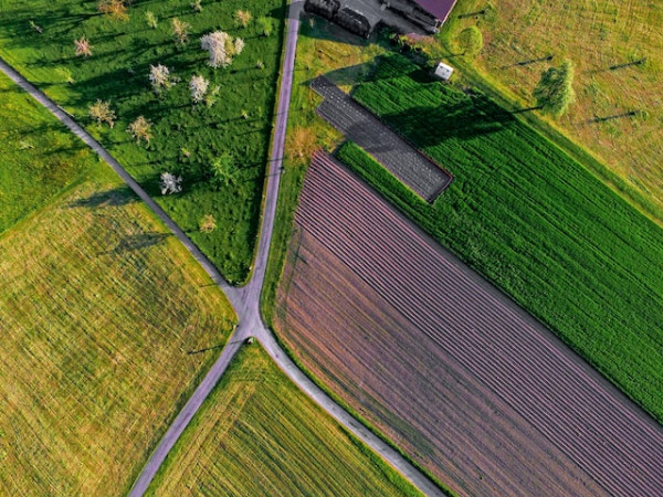 Aerial photography of country road running between countryside fields.